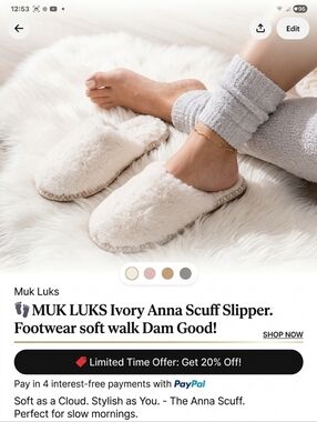 👣MUK LUKS Ivory Anna Scuff Slipper. Footwear soft walk Dam Good!